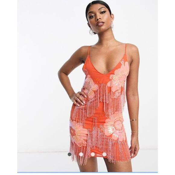 ASOS Design Floral Applique Slip Mini Dress Orange Embellishment Sparkle Size 8 - Picture 1 of 10
